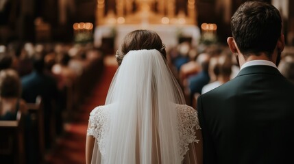 The back view of a bride in a white veil and lace gown standing next to a groom in a suit, at the altar in a church filled with guests seated, witnessing their special day.