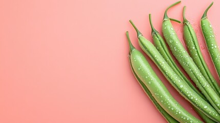 Wall Mural - Green Beans with Dew Drops on a Pink Background