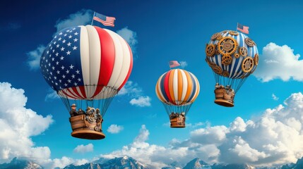 American Flag Hot Air Balloons Flying Over Mountains