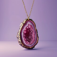 Wall Mural - A pink crystal geode pendant hangs on a gold chain against a purple background.