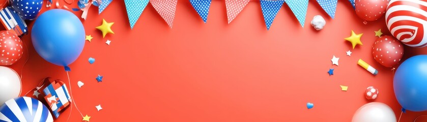 Festive Red Background with Balloons  Flags  and Confetti for Party Decoration