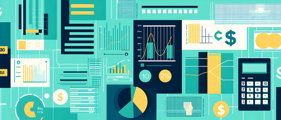 A flat vector illustration of a financial planning session, a professional giving advice to a client, with investment charts and graphs displayed on a screen. Background  include financial system