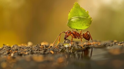 Poster - A red ant carrying a leaf, standing on a rock with a water droplet.