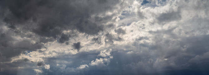 Wall Mural - a panoramic view of mixed summer and storm clouds in shades of gray and blue. only the sky is includ