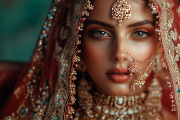 A portrait of an Indian bride in traditional wedding attire with richly adorned jewelry, her gaze elegantly lowered, and refined facial features, reflecting the beauty and grace of Indian culture