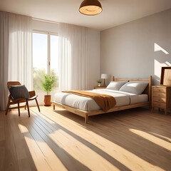 Room interior empty space background mock up, sunlight and shadows room walls, cozy summer warm room with sunlight and leafs shadows and wooden blank parquet floor