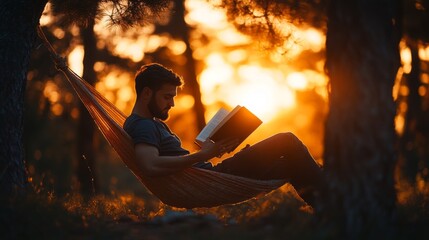 Wall Mural - A man is reading a book while lying in a hammock