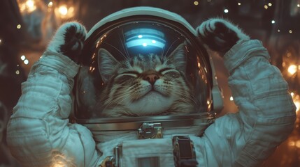 Wall Mural - An astronaut cat hovers around the moon with lights on his helmet and a cute expression on his face