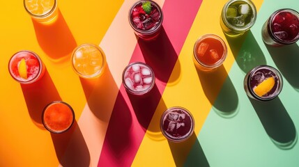 Wall Mural - Colorful Fruit Juices in Glass Jars on Striped Background