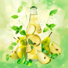 Sticker - A refreshing pear and lemon drink in a bottle surrounded by fresh fruit and mint leaves.