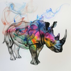 Sticker - A rhinoceros silhouette overlaid with colorful smoke, creating a vibrant and abstract design.