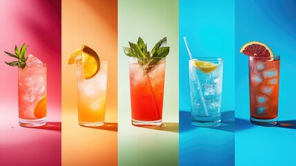 Wall Mural - Four Colorful Summer Cocktails with Fruit Garnishes and Ice