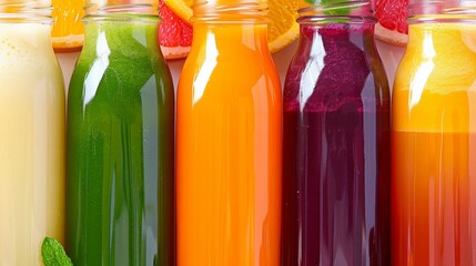 Sticker - A row of five glass bottles filled with different colored juices, ready to be enjoyed.