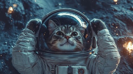 Wall Mural - An astronaut cat hovers around the moon with lights on his helmet and a cute expression on his face