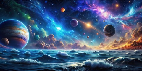 Wall Mural - deep space landscape with colorful graphics of water waves, clouds, night sky, universe, galaxy, and