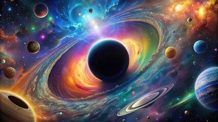 Wall Mural - vibrant science fiction wallpaper featuring a black hole surrounded by colorful graphics of the univ
