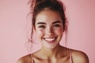 A cheerful young woman flashes a bright smile against a pink backdrop, showcasing her clear, radiant skin and natural beauty. Perfect for wellness, skincare, and positivity concepts.  generative ai