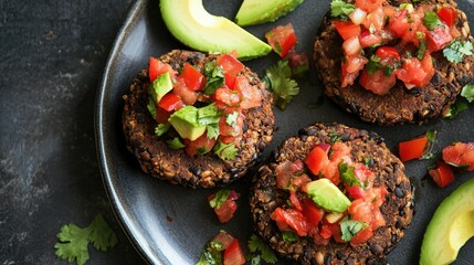 Wall Mural - Protein-rich black bean burgers with avocado and salsa, healthy plant-based meal