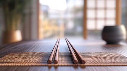 Balanced Chopsticks Arrangement in Minimalist 3D Rendered Table Setting