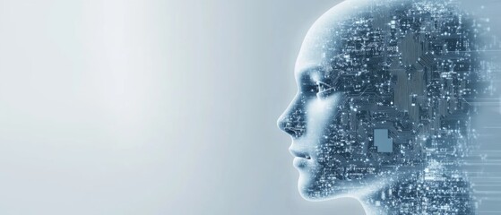 Aufkleber - Abstract Digital Human Head with AI Circuitry in Light Blue and Gray