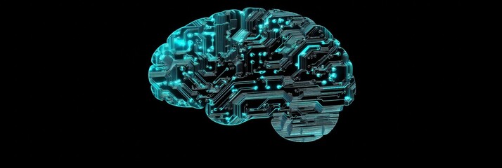 Aufkleber - Human Brain Circuit Board in Light Blue and Teal on Black Background