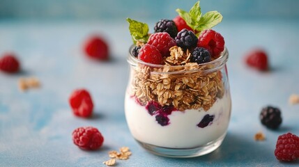 Wall Mural - Protein-rich Greek yogurt parfait with granola and berries, served in a glass jar