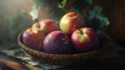 Wall Mural - Ripe Red Plums in a Wicker Basket