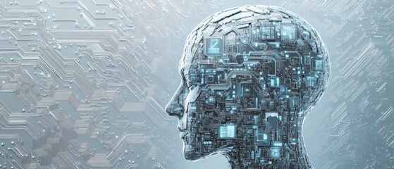 Aufkleber - Abstract Digital Human Head with AI Circuitry in Light Blue and Gray