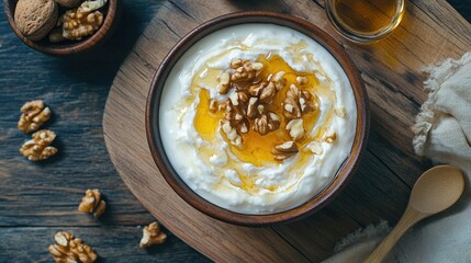 Wall Mural - Protein-rich Greek yogurt with honey and nuts, served in a bowl, nutritious and delicious