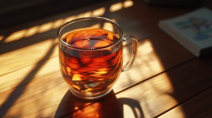 Poster - Glass Mug of Tea on a Wooden Table in Sunlight