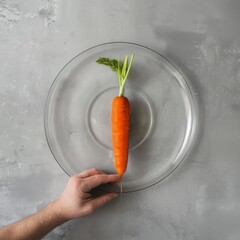 Poster - A single carrot on a glass plate with a hand reaching towards it.