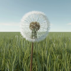 Wall Mural - A single dandelion with a round, white seed head stands tall in a field of green grass against a blue sky.