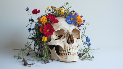 Wall Mural - Human Skull Adorned with a Floral Crown