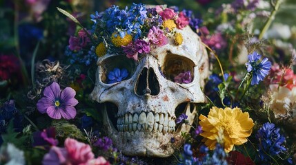 Sticker - Human Skull Adorned with a Crown of Vibrant Flowers