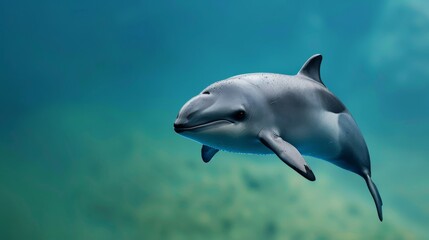 Canvas Print - A single porpoise swims through clear blue water.