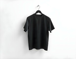 A blank black shirt mockup hanging from a clothes hanger against a minimalistic white wall, with a spotlight highlighting the shirt's contours create with ai