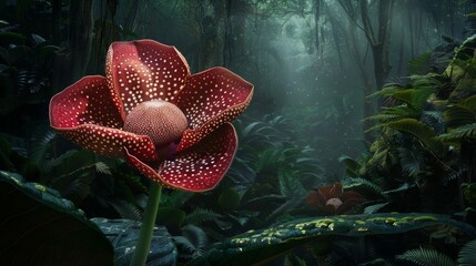 Canvas Print - A single red flower with white spots blooms in a lush, misty jungle.