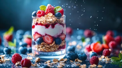 Poster - promote a nutritious breakfast with a yogurt parfait featuring mixed berries and crunchy muesli in a colorful concept banner