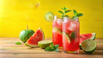 Poster - Refreshing watermelon lemonade spritzer with lime and mint on sunny yellow table , watermelon, lemonade, spritzer, lime, mint