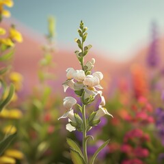 Wall Mural - A single white flower blooms in a field of colorful wildflowers.