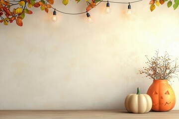 Wall Mural - Rustic bohemian Halloween, cozy decor, soft lighting, 3D illustration