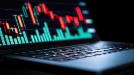 Poster - A laptop is positioned in a dimly lit environment, showing a detailed chart of stock market trends with vibrant green and red candlestick patterns indicating price fluctuations