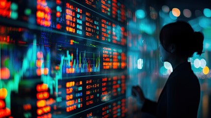 Poster - A businesswoman studies stock market data illuminated on a digital screen, focusing intently as colorful graphs and figures reflect her determination in a bustling financial environment
