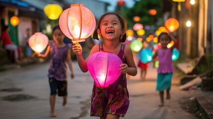 Mid-Autumn Festival in Vietnam with children carrying colorful lanterns, families gathering to share mooncakes, sense of tradition and cultural pride, festive and joyous atmosphere