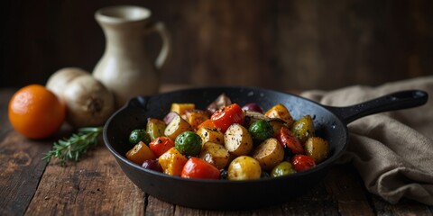 colorful roasted vegetables in cast iron skillet on rustic wood.