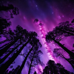 Wall Mural - Fantasy landscape with lake and pine trees in the night sky.