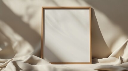 Poster - a minimalist blank picture frame rests on a soft, textured surface, softly illuminated by natural li