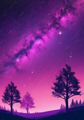 Wall Mural - Fantasy landscape with lake and pine trees in the night sky.