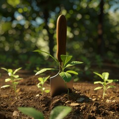 Canvas Print - A small green plant sprouts from the soil, a gardening trowel resting nearby.