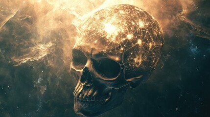 Wall Mural - Golden Skull with Glowing Network in Cosmic Space